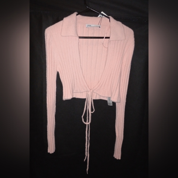 NWT Zara PINK cropped Tie Wrap Sweater size medium - Picture 2 of 9